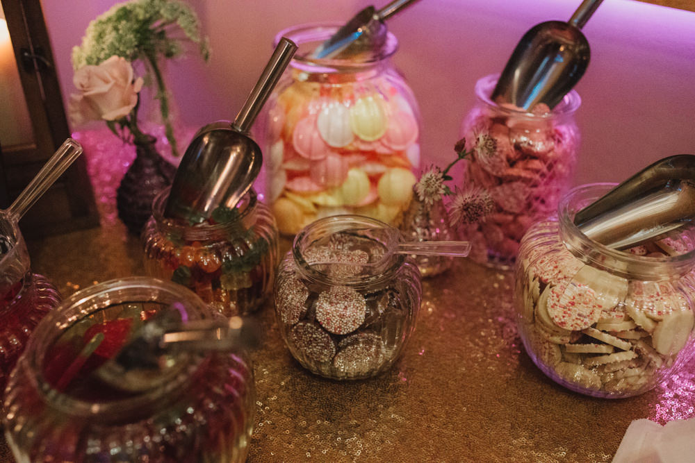 Sweet Table Pick n Mix Vintage Glass Jars Gold Sequin Tablecloth Southwood Hall Wedding Emily Tyler Photography