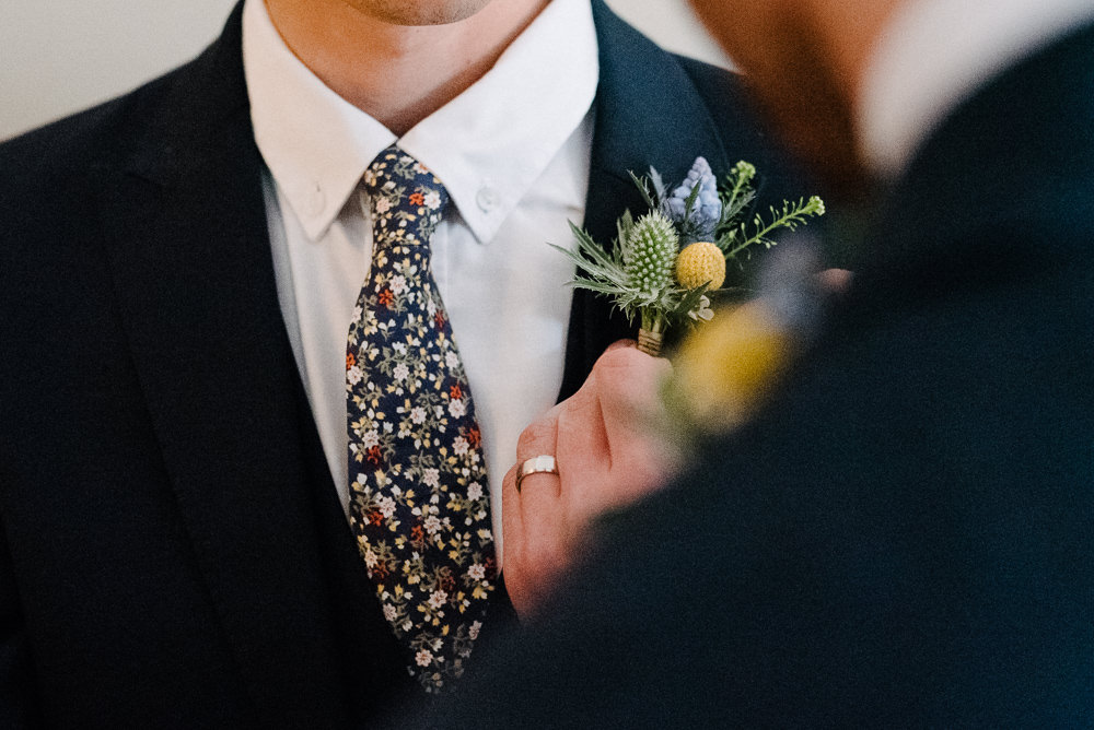 Outdoor Farm Field Marquee Blue Yellow Buttonhole Groom Floral Tie | Rustic and Relaxed Spring Tipi Wedding Inbetween Days Photography