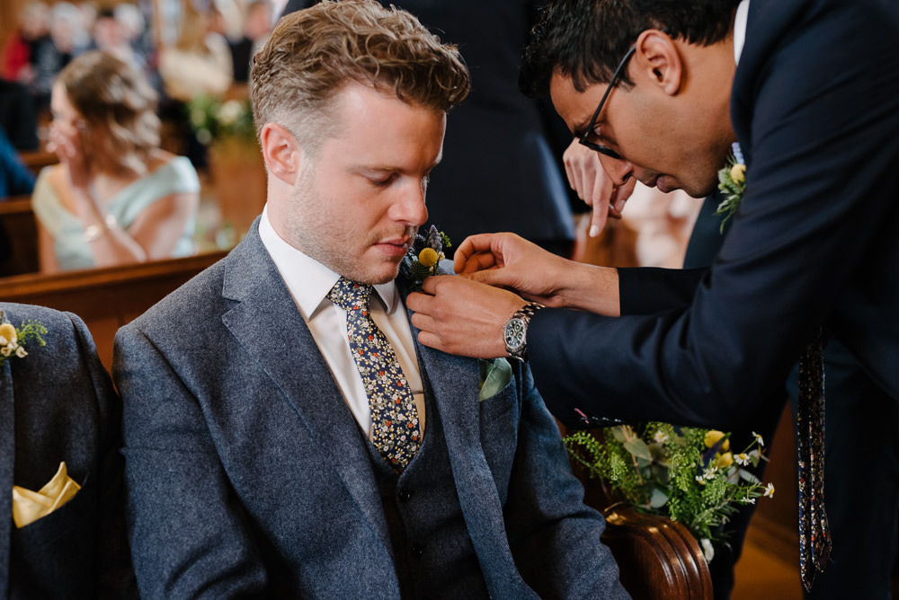 Outdoor Farm Field Marquee Groom Modern Green Yellow Buttonhole Ceremony Floral Tie | Rustic and Relaxed Spring Tipi Wedding Inbetween Days Photography