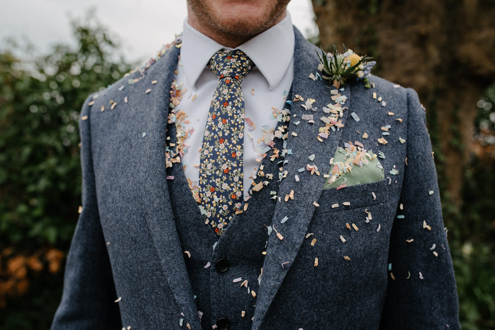 Outdoor Farm Field Marquee Groom Yellow Buttonhole Blue Tartan Weave Suit Floral Tie | Rustic and Relaxed Spring Tipi Wedding Inbetween Days Photography