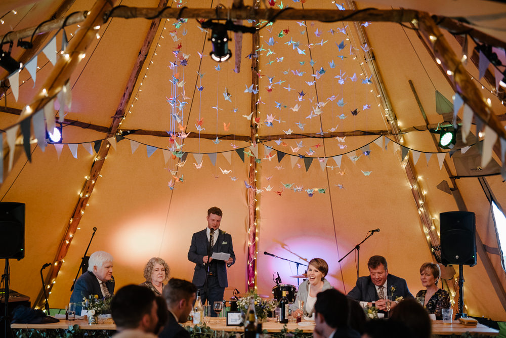 Outdoor Farm Field Marquee Decor Origami Cranes Speeches Reception Dinner | Spring Tipi Wedding Inbetween Days Photography