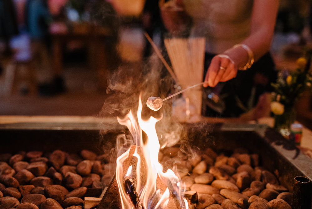 Outdoor Farm Field Marquee Marshmallow Station Smores Bonfire Night | Relaxed and Rustic Spring Tipi Wedding Inbetween Days Photography