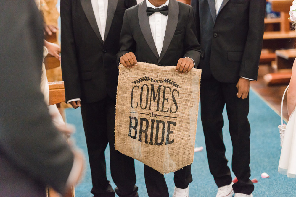 Here Comes the Bride Hessian Banner Page Boy Stoke Place Wedding Hannah McClune Photography