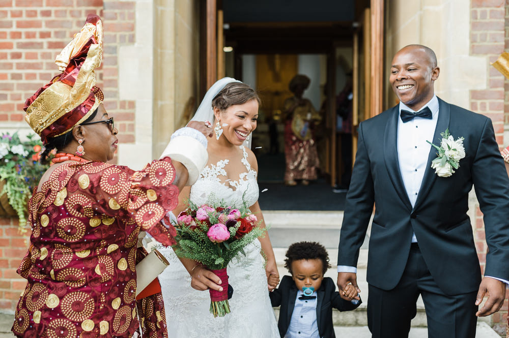 Bride Bridal La Sposa Fit & Flare Lace Dress Gown Floor Length Veil Pink Red Bouquet Hugo Boss Tuxedo Groom Traditional Nigerian Gold Red Stoke Place Wedding Hannah McClune Photography