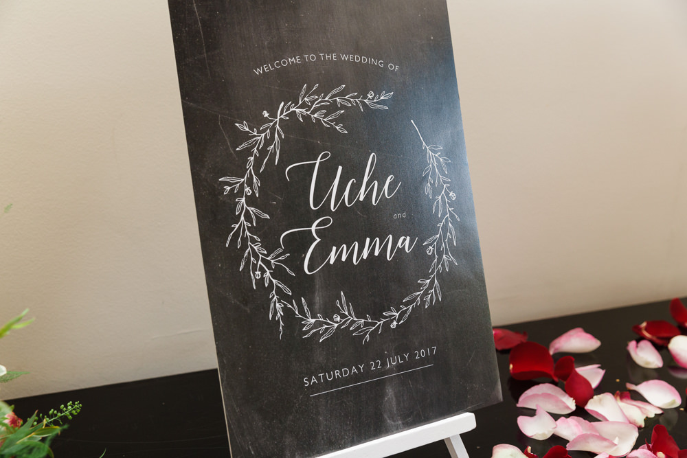 Chalk Board Modern Calligraphy Wreath Easel Red Pink Rose Petals Stoke Place Wedding Hannah McClune Photography