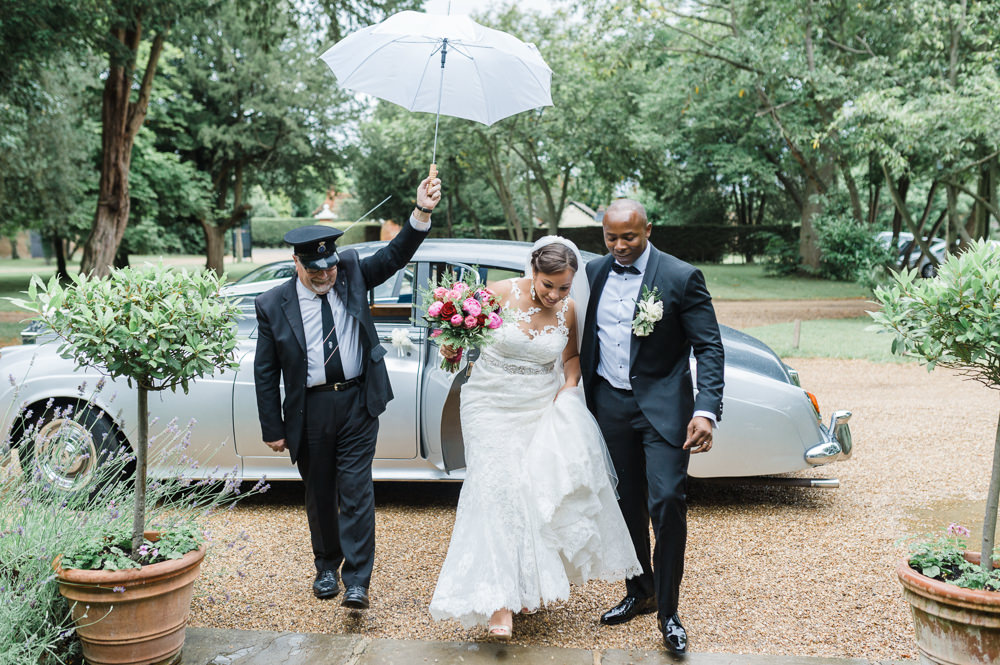 Bride Bridal La Sposa Fit & Flare Lace Dress Gown Floor Length Veil Pink Red Bouquet Hugo Boss Tuxedo Groom Rainy White Umbrella Stoke Place Wedding Hannah McClune Photography