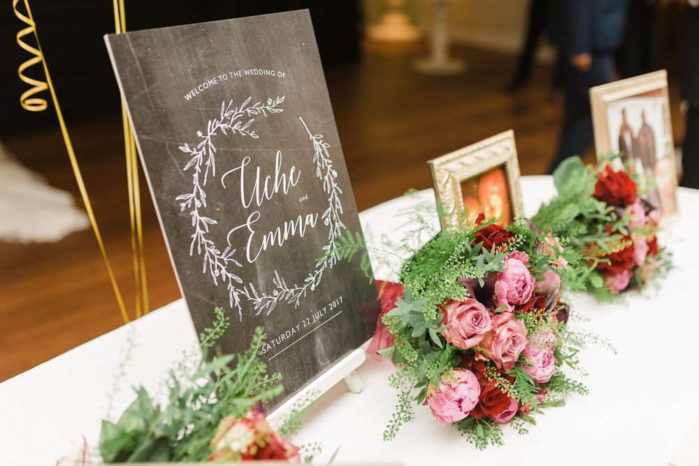 Chalk Board Easel Modern Calligraphy Wreath Photograph Table Pink Red Bouquets Stoke Place Wedding Hannah McClune Photography