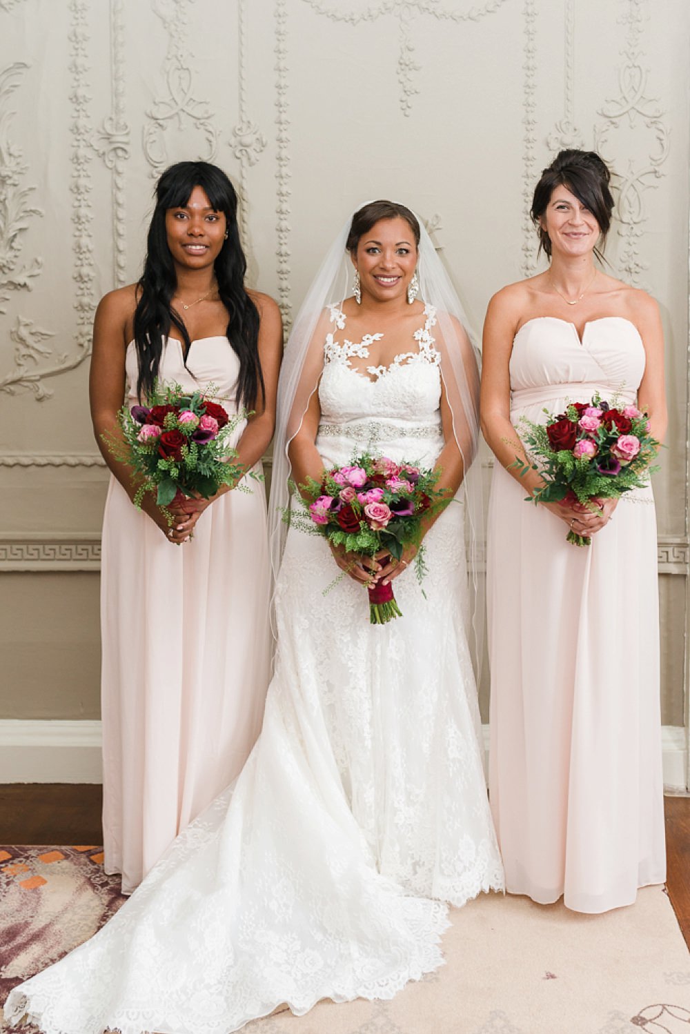 Bride Bridal La Sposa Fit & Flare Lace Dress Gown Floor Length Veil Pink Red Bouquet Pink Strapless Bridesmaids Stoke Place Wedding Hannah McClune Photography