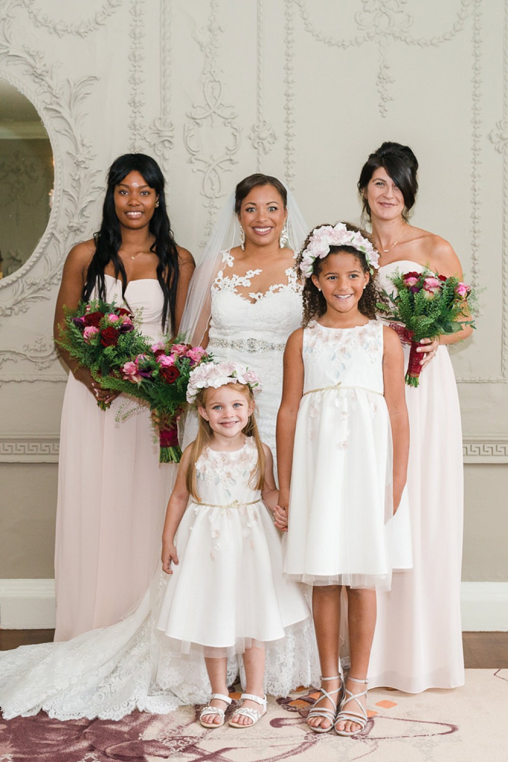 Bride Bridal La Sposa Fit & Flare Lace Dress Gown Floor Length Veil Pink Red Bouquet Pink Strapless Bridesmaids Flower Girls Stoke Place Wedding Hannah McClune Photography