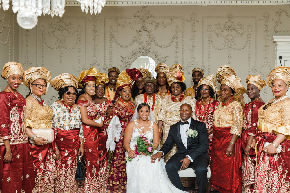 Bride Bridal La Sposa Fit & Flare Lace Dress Gown Floor Length Veil Pink Red Bouquet Hugo Boss Tuxedo Groom Traditional Nigerian Red Gold Stoke Place Wedding Hannah McClune Photography