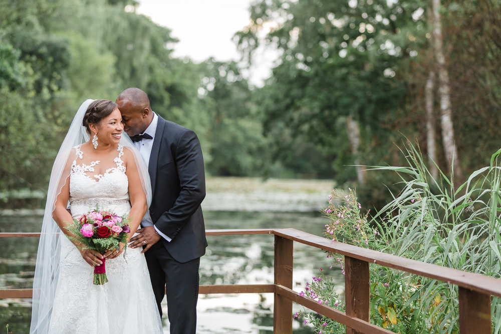 Bride Bridal La Sposa Fit & Flare Lace Dress Gown Floor Length Veil Pink Red Bouquet Hugo Boss Tuxedo Groom Stoke Place Wedding Hannah McClune Photography