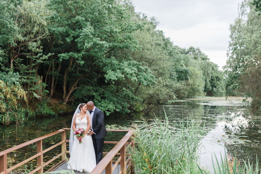 Bride Bridal La Sposa Fit & Flare Lace Dress Gown Floor Length Veil Pink Red Bouquet Hugo Boss Tuxedo Groom Stoke Place Wedding Hannah McClune Photography