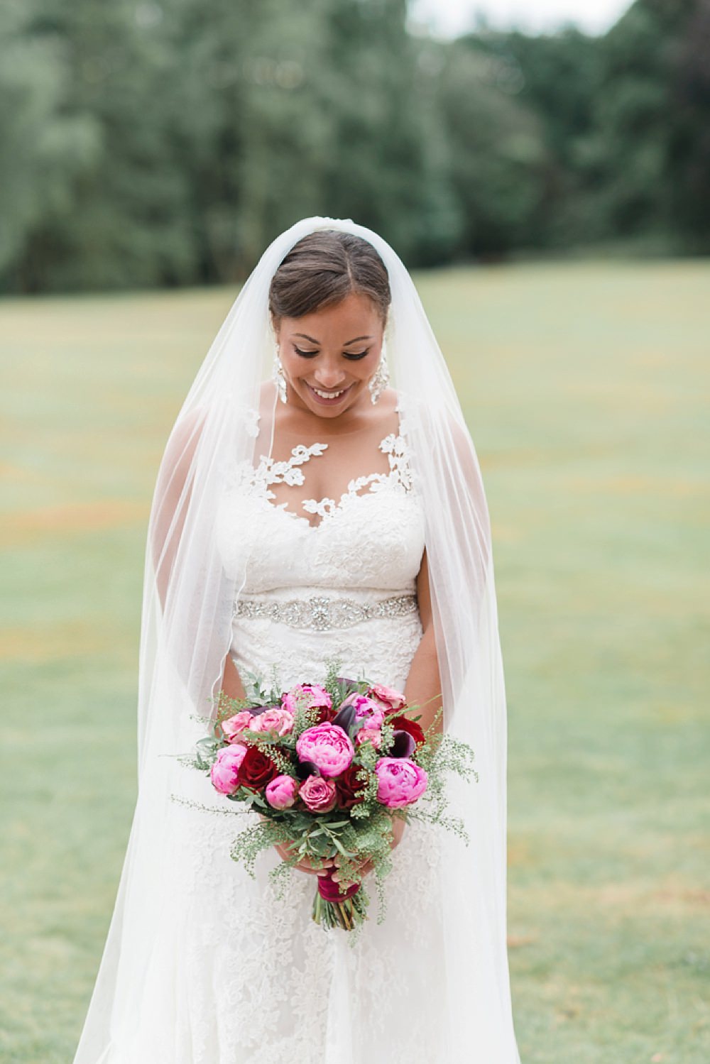 Bride Bridal La Sposa Fit & Flare Lace Dress Gown Floor Length Veil Pink Red Bouquet Stoke Place Wedding Hannah McClune Photography