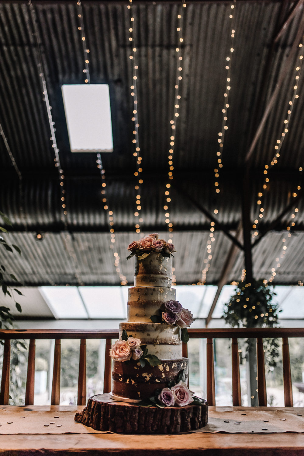 Naked Cake Flowers Gold Leaf Log Stone Barn Wedding Oobaloos Photography
