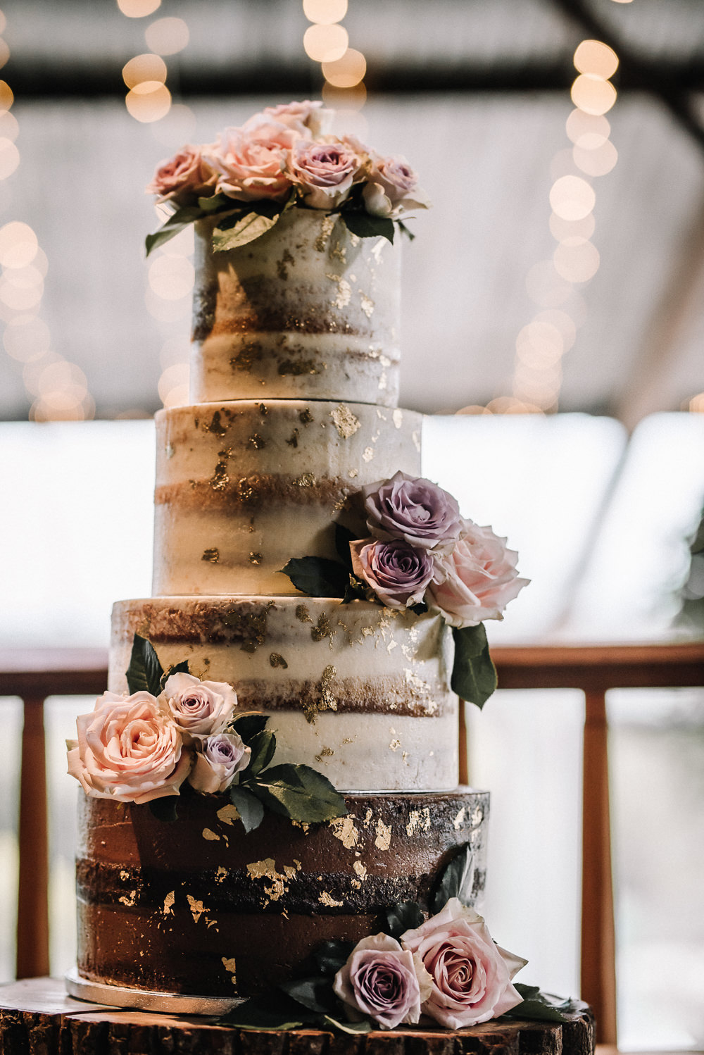 Semi Naked Cake Flowers Gold Leaf Log Stand Stone Barn Wedding Oobaloos Photography