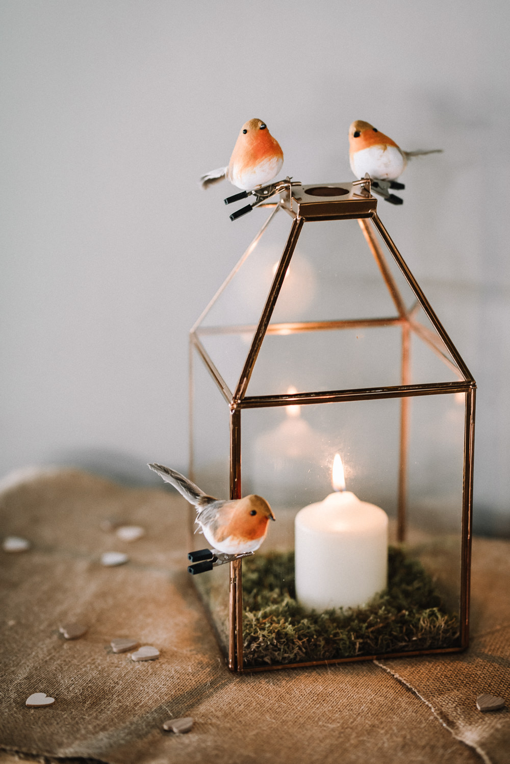 Candle Lantern Robins Birds Stone Barn Wedding Oobaloos Photography