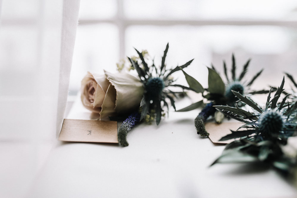 Rose Thistle Buttoholes Stone Barn Wedding Oobaloos Photography