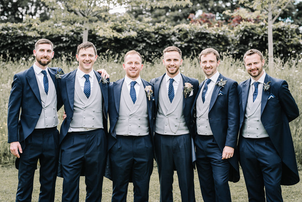 Groom Groomsmen Suits Traditional Tails Navy Stone Barn Wedding Oobaloos Photography