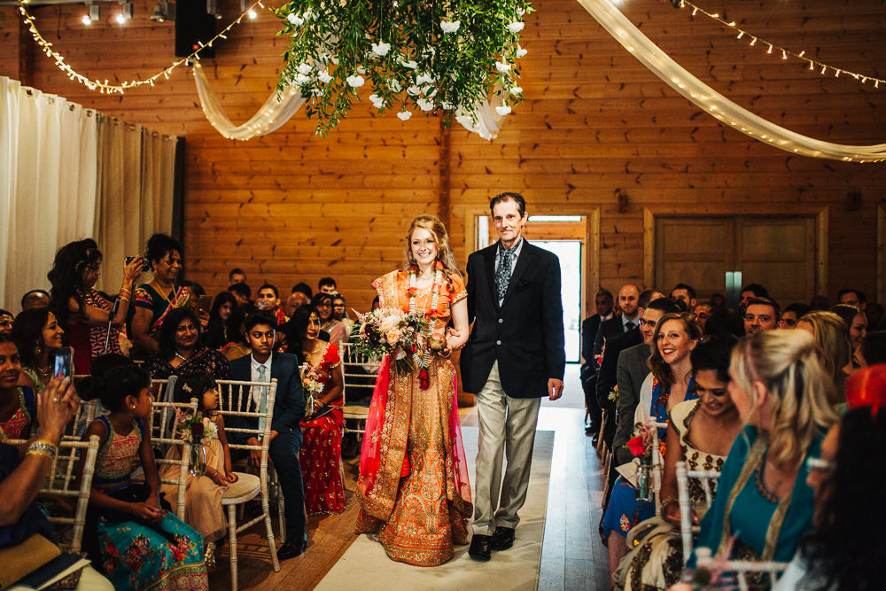 Styal Lodge Multicultural English Orange Pink Mandap Ceremony Ritual Aisle Bride Sari Father | Modern and Colorful Indian Wedding Emilie May Photography
