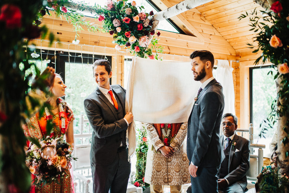 Styal Lodge Multicultural English Orange Pink Mandap Ceremony Ritual Aisle Groom Tradition Reveal | Modern and Colorful Indian Wedding Emilie May Photography