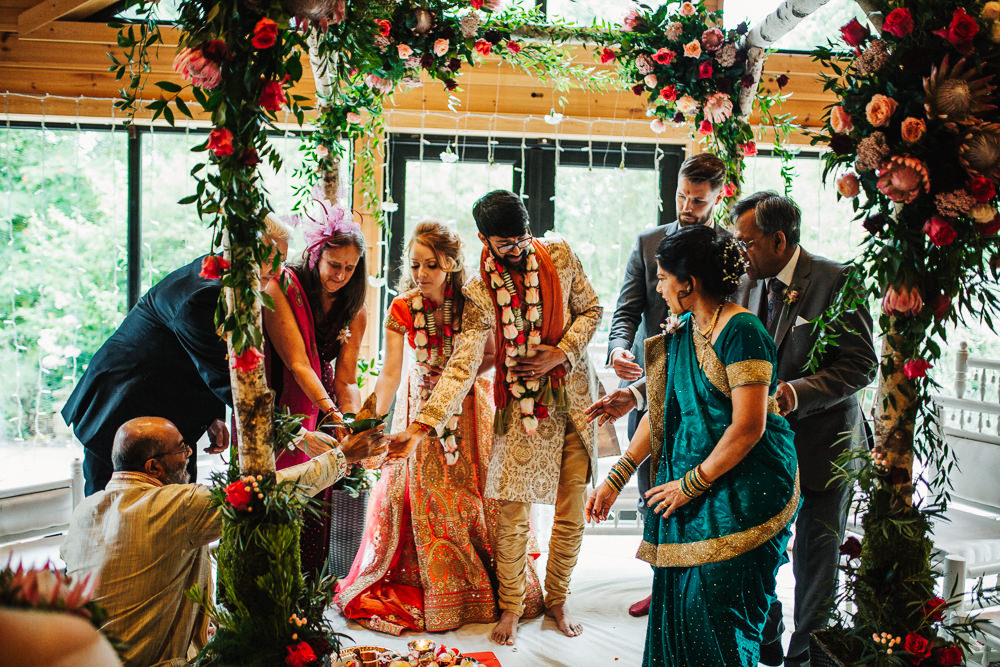 Styal Lodge Multicultural English Orange Pink Mandap Ceremony Traditional Ritual Aisle Bride Groom | Modern and Colorful Indian Wedding Emilie May Photography