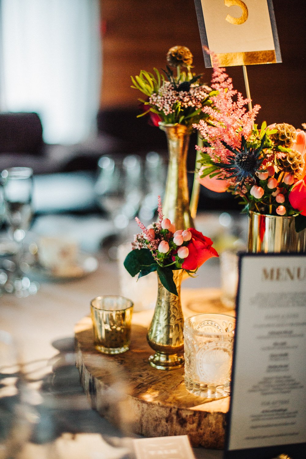 Styal Lodge Multicultural English Orange Pink Table Decor Gold Brass Vases Roses | Modern and Colorful Indian Wedding Emilie May Photography