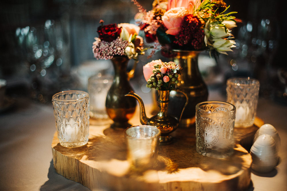Styal Lodge Multicultural English Orange Pink Table Decor Gold Brass Vases Roses | Modern and Colorful Indian Wedding Emilie May Photography