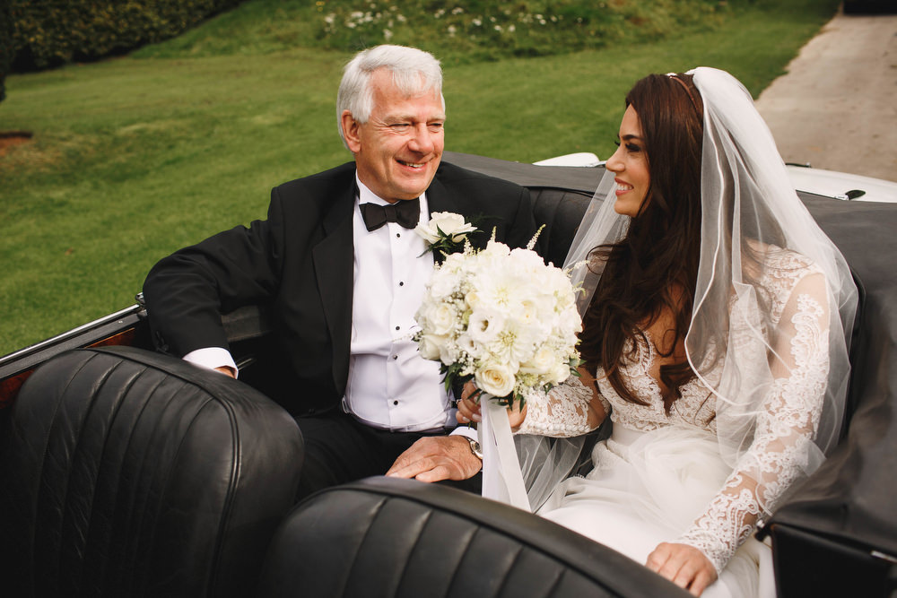 Cotswolds Royal Castle Summer Autumn Traditional Classic Elegant Black Tie White Rose Bride Father White Car White Bouquet | Sudeley Castle Wedding ARJ Photography