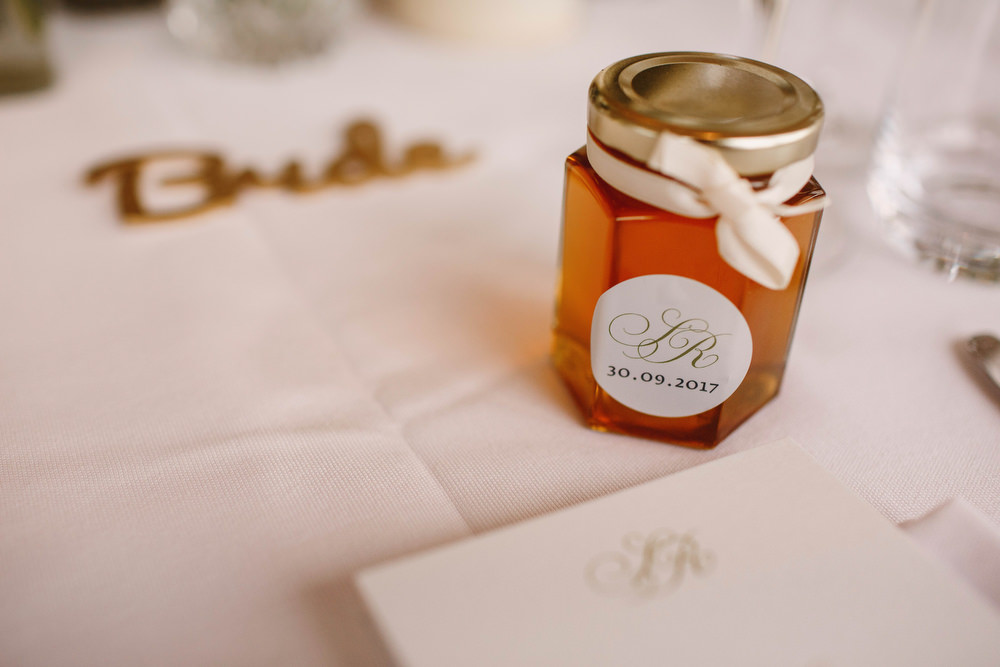Cotswolds Royal Castle Summer Autumn Traditional Classic Elegant Simple White Decor Mini Honey Favour | Sudeley Castle Wedding ARJ Photography