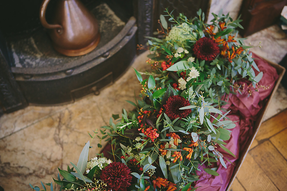 Flowers Bouquets Bride Bridal Bridesmaid Greenery Foliage Red Dahlia Town Hall Hotel London Wedding Victoria Somerset-How Photography