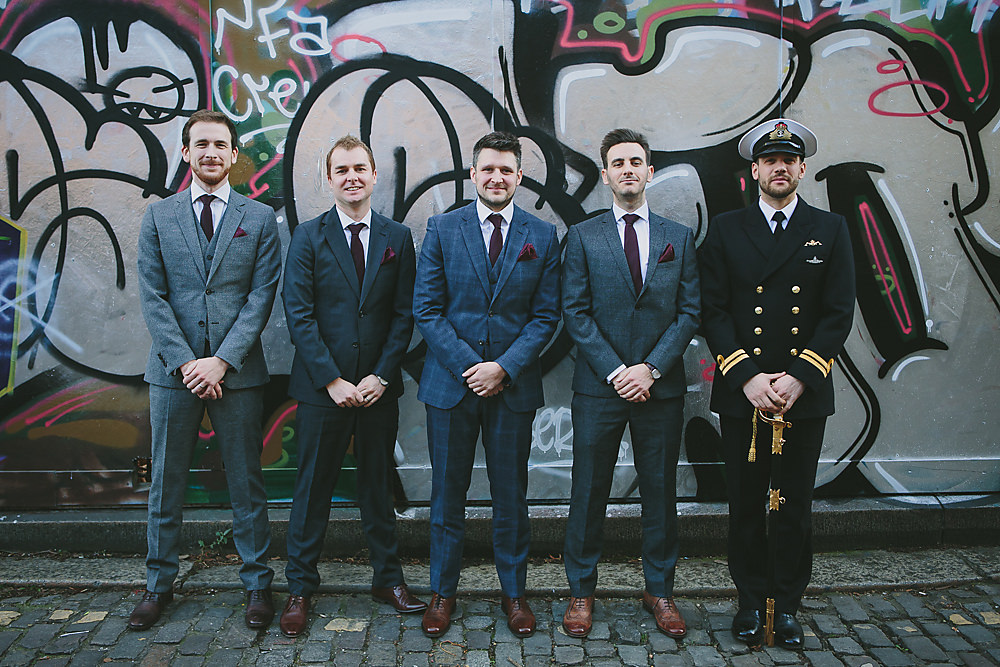 Groom Groomsmen Navy Check Suit Burgundy Tie Town Hall Hotel London Wedding Victoria Somerset-How Photography