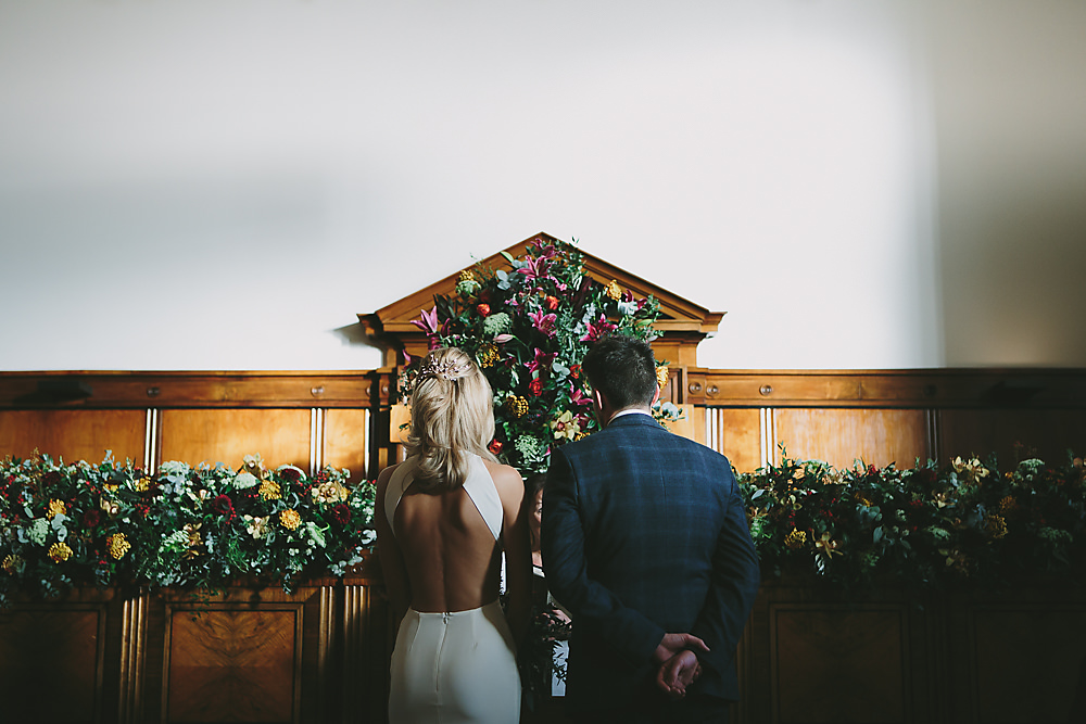 Flowers Greenery Foliage Red Dahlia Ceremony Town Hall Hotel London Wedding Victoria Somerset-How Photography