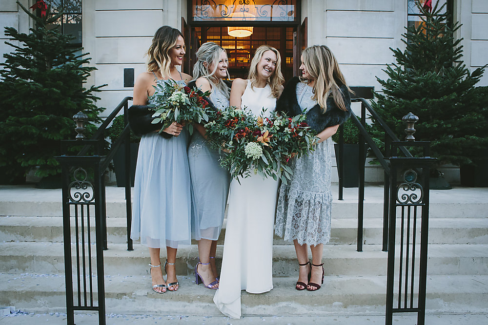 Mismatched Grey Silver Bridesmaid Dresses Town Hall Hotel London Wedding Victoria Somerset-How Photography