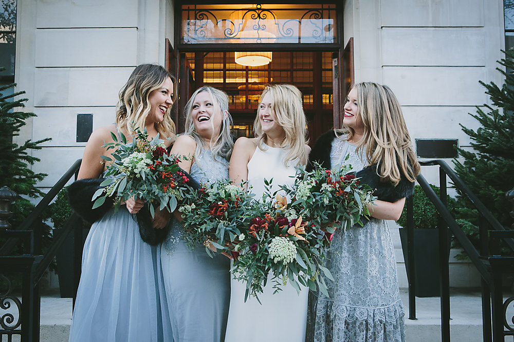 Flowers Bouquets Bride Bridal Bridesmaid Greenery Foliage Red Dahlia Town Hall Hotel London Wedding Victoria Somerset-How Photography