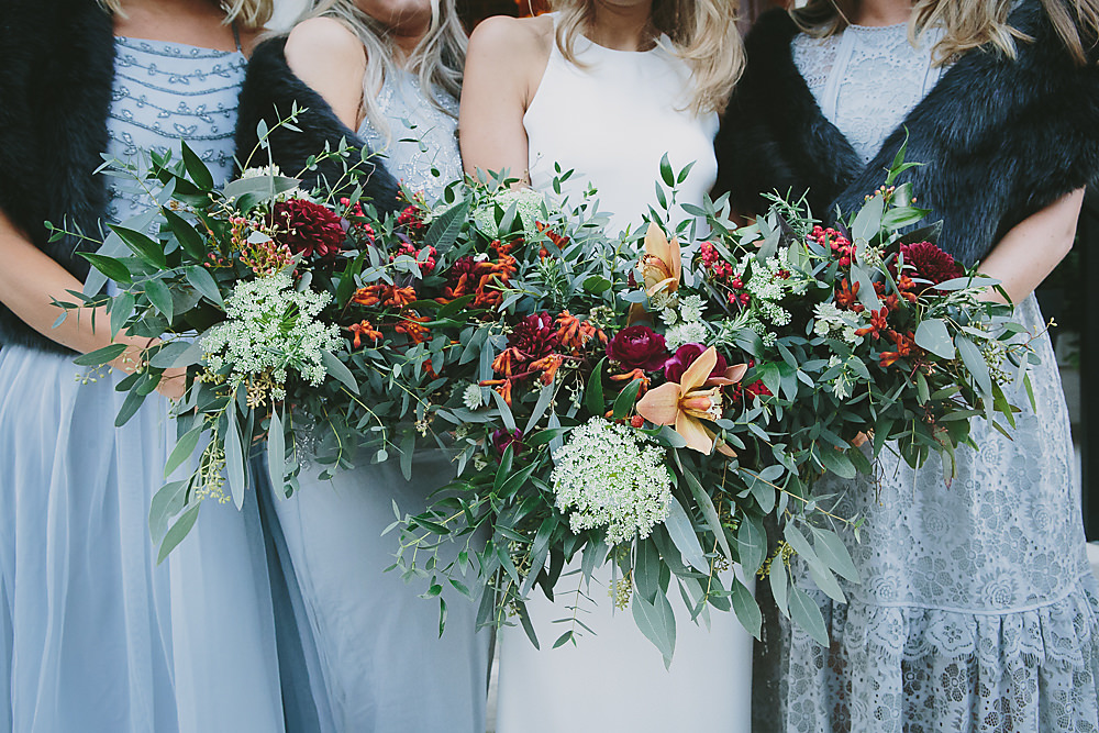 Flowers Bouquets Bride Bridal Bridesmaid Greenery Foliage Red Dahlia Town Hall Hotel London Wedding Victoria Somerset-How Photography
