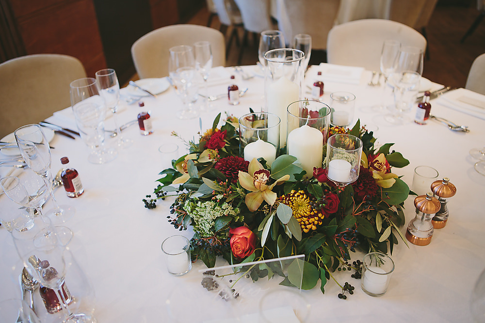 Flowers Candle Wreath Centrepiece Table Decor Greenery Foliage Red Dahlia Town Hall Hotel London Wedding Victoria Somerset-How Photography