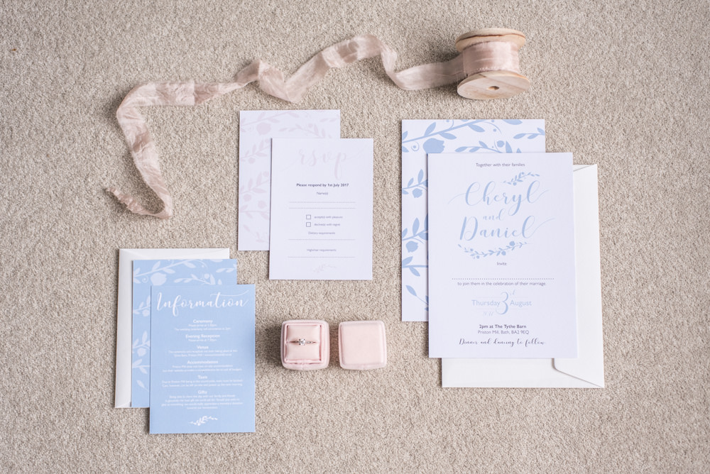 Stationery Flat Lay Invites Invitations Blue Calligraphy Silk Ribbon Velvet Ring Box Tythe Barn Priston Mill Wedding Eleanor Jane Photography