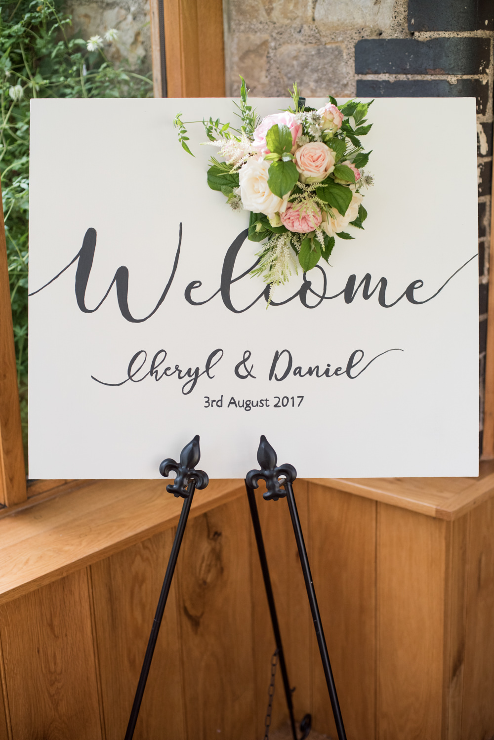 Welcome Sign Calligraphy Lettering Flowers Floral Tythe Barn Priston Mill Wedding Eleanor Jane Photography