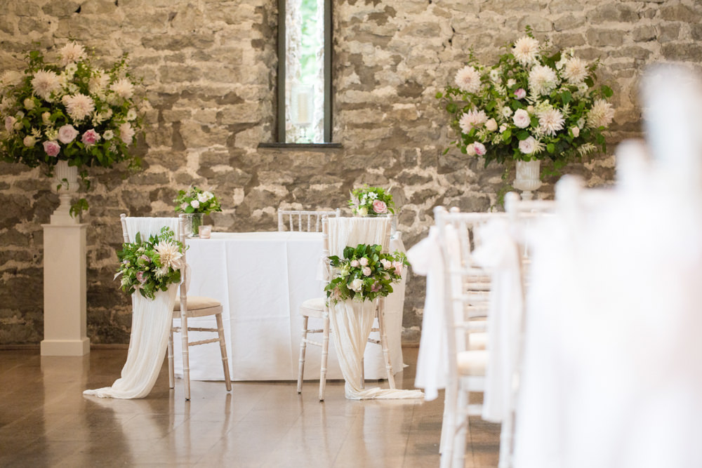 Tall Table Arrangements Centrepiece Flowers Blush Pink White Dahlia Cafe Au Lait Rose Sweet Peas Ceremony Tythe Barn Priston Mill Wedding Eleanor Jane Photography
