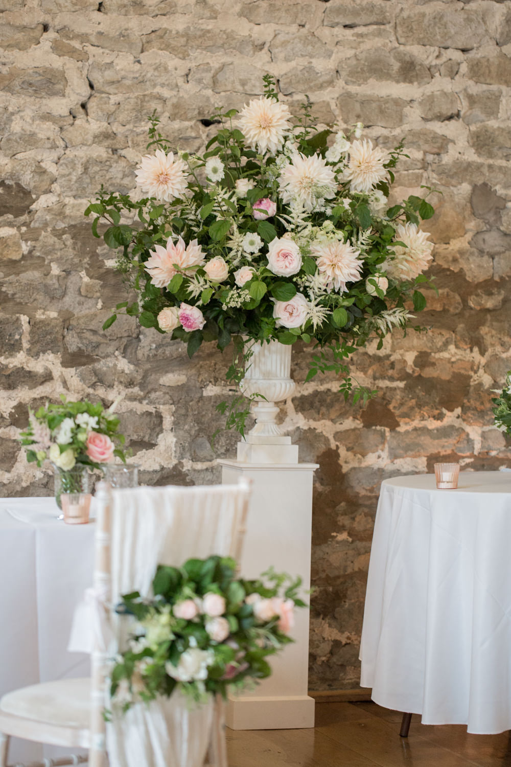 Tall Table Arrangements Centrepiece Flowers Blush Pink White Dahlia Cafe Au Lait Rose Sweet Peas Tythe Barn Priston Mill Wedding Eleanor Jane Photography