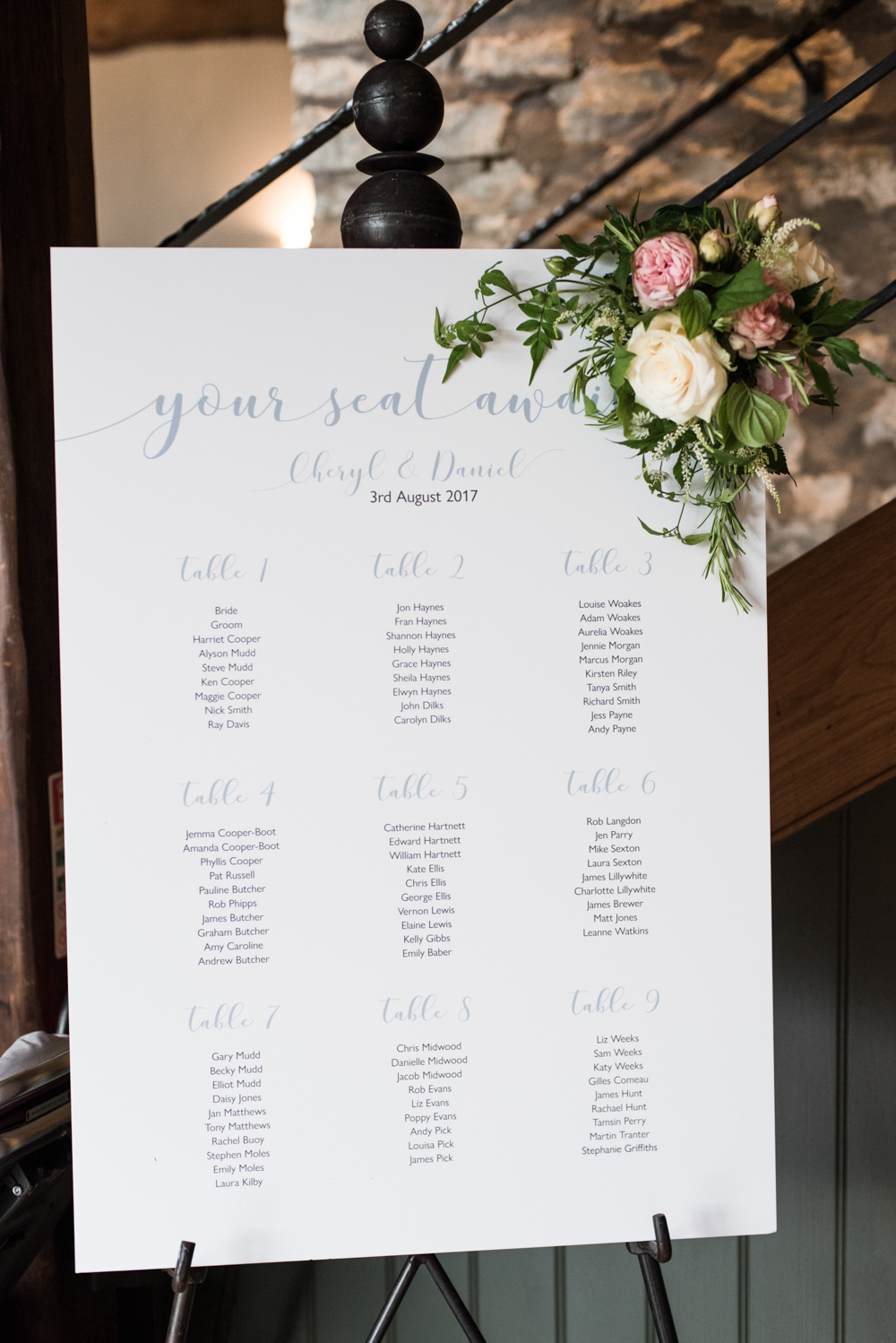 Blue Calligraphy Paper Card Seating Plan Table Chart Flowers Floral Tythe Barn Priston Mill Wedding Eleanor Jane Photography