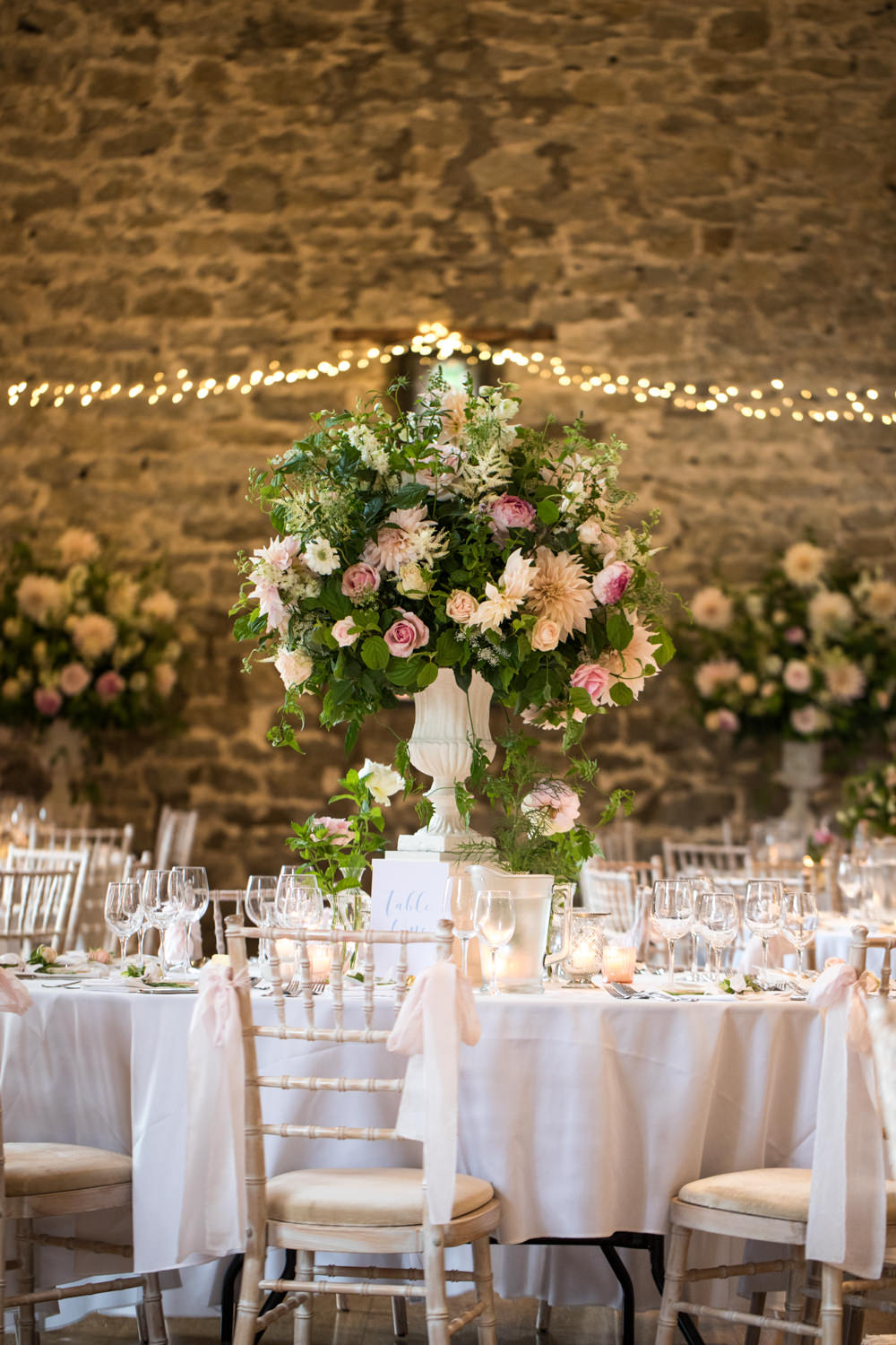 Tall Table Arrangements Centrepiece Flowers Blush Pink White Dahlia Cafe Au Lait Rose Sweet Peas Tythe Barn Priston Mill Wedding Eleanor Jane Photography