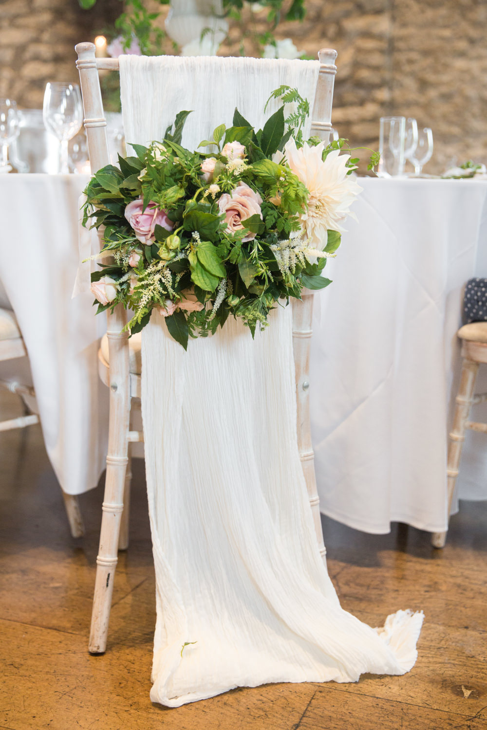 Chair Arrangements Drapes Fabric Flowers Blush Pink White Dahlia Cafe Au Lait Rose Sweet Peas Tythe Barn Priston Mill Wedding Eleanor Jane Photography