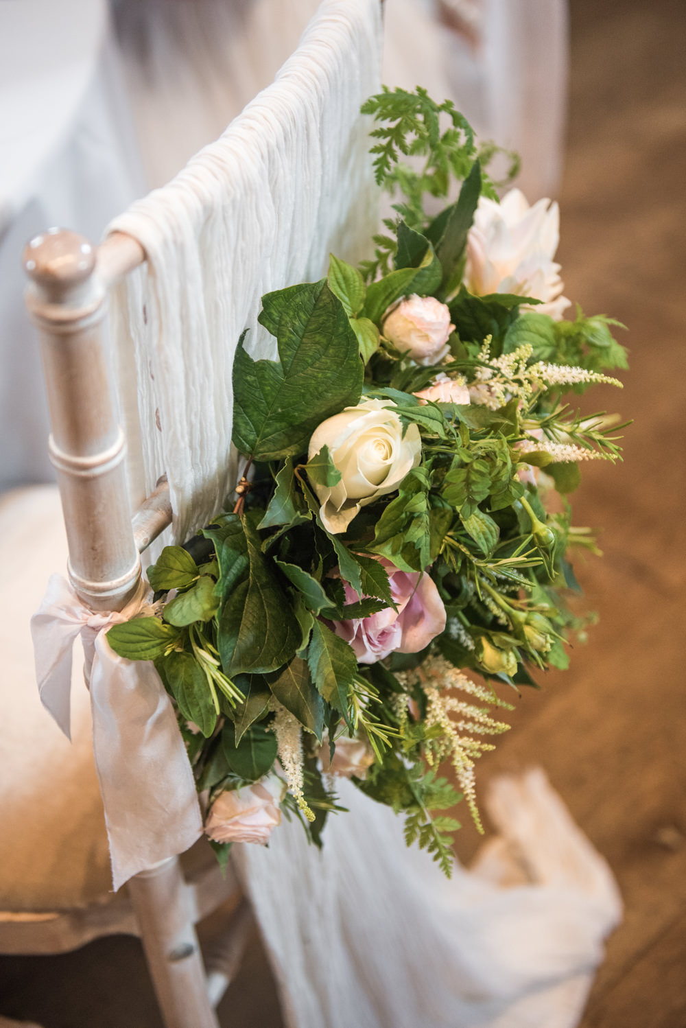 Chair Arrangements Drapes Fabric Flowers Blush Pink White Dahlia Cafe Au Lait Rose Sweet Peas Tythe Barn Priston Mill Wedding Eleanor Jane Photography