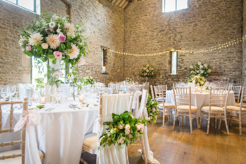 Tall Table Arrangements Centrepiece Flowers Blush Pink White Dahlia Cafe Au Lait Rose Sweet Peas Tythe Barn Priston Mill Wedding Eleanor Jane Photography