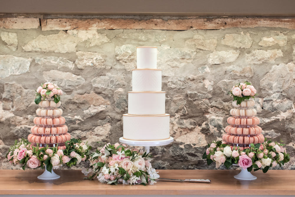 Cake Table Flowers Macaron Pink Cream Gold Tythe Barn Priston Mill Wedding Eleanor Jane Photography