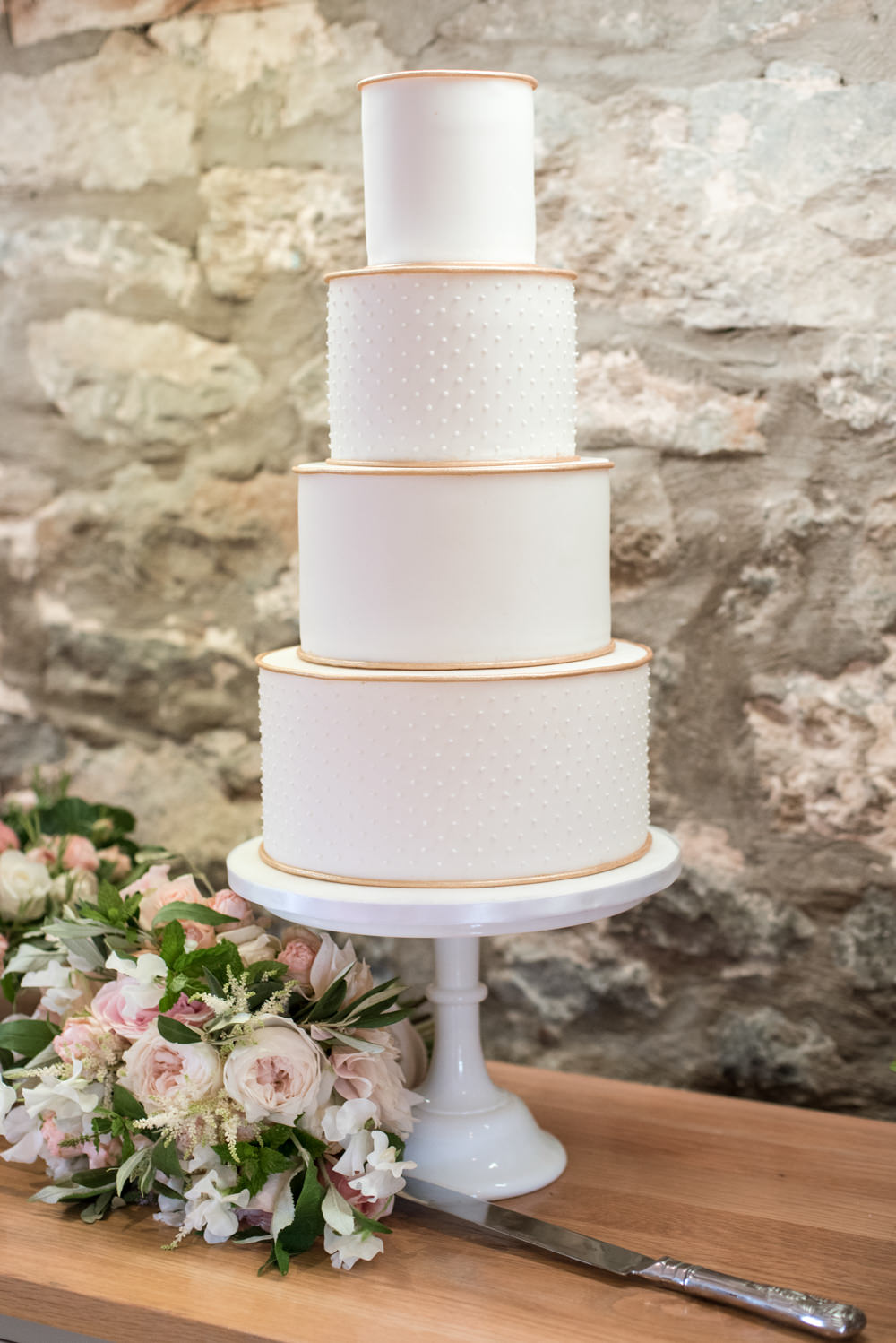 White Gold Cake Polka Dots Tythe Barn Priston Mill Wedding Eleanor Jane Photography