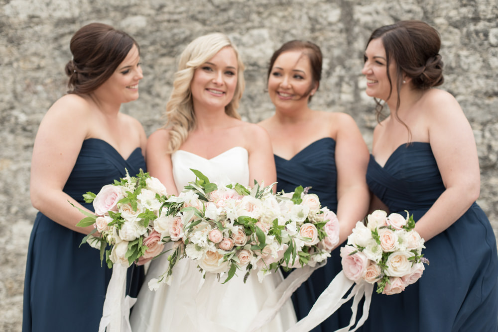 Bouquet Flowers Bride Bridal Blush Pink White Dahlia Cafe Au Lait Rose Sweet Peas Bridesmaids Ribbons Tythe Barn Priston Mill Wedding Eleanor Jane Photography