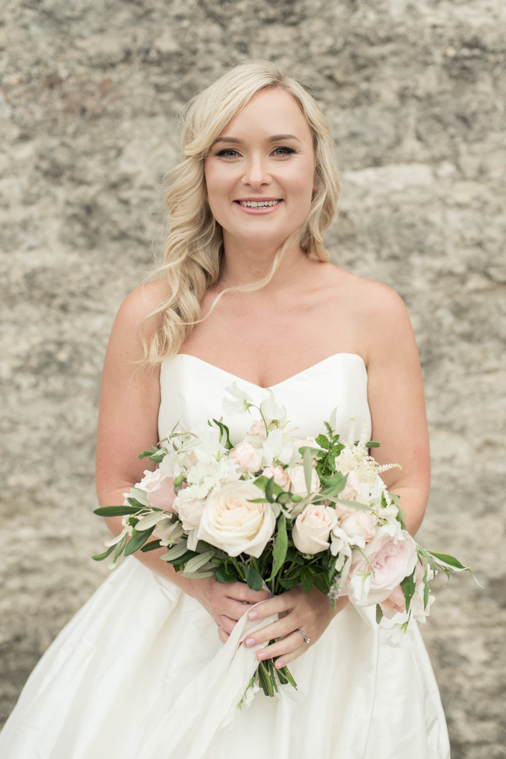 Bouquet Flowers Bride Bridal Blush Pink White Dahlia Cafe Au Lait Rose Sweet Peas Ribbon Tythe Barn Priston Mill Wedding Eleanor Jane Photography
