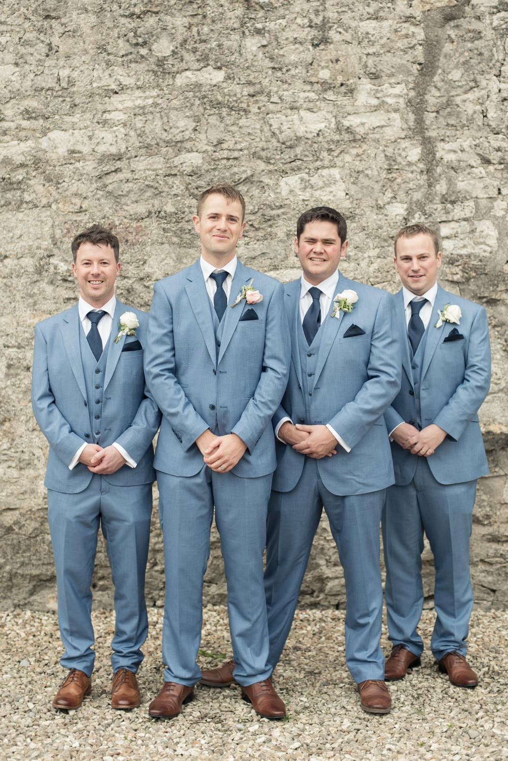 Groom Groomsmen Pale Blue Suits Ties Tan Shoes Tythe Barn Priston Mill Wedding Eleanor Jane Photography